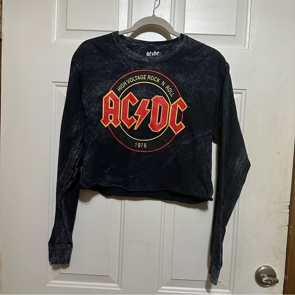 AC/DC Black Mineral Wash‎ Long Sleeve Cropped Logo Band Tee T-Shirt Women's Med